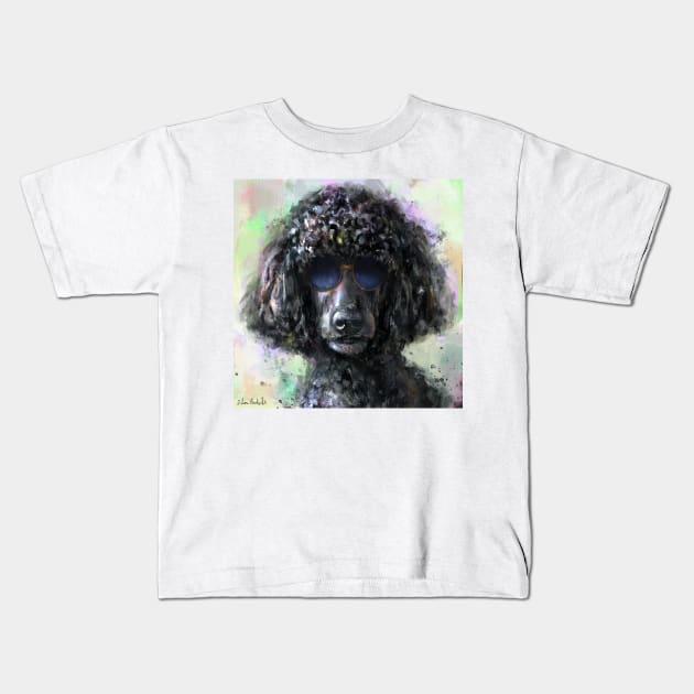 An Expressive Painting of a Cool Looking Black Poodle with Sunglasses Kids T-Shirt by ibadishi